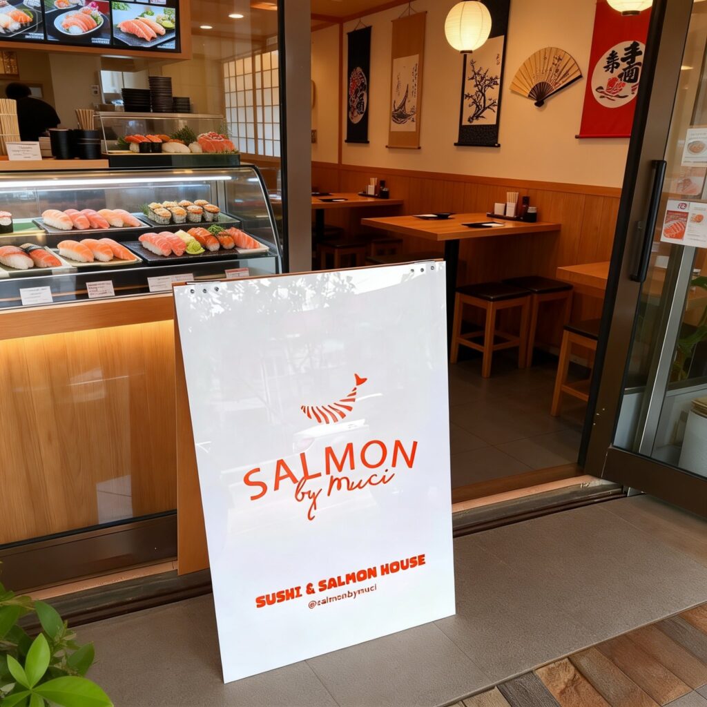 Akrilik Standing Papan Nama Restoran Sushi dan Salmon Modern